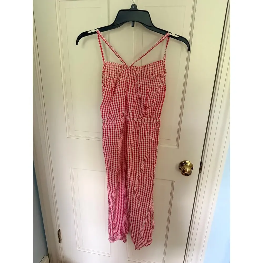 H&M Girls Pink and White Gingham Smocked Jumpsuit Size 5-6